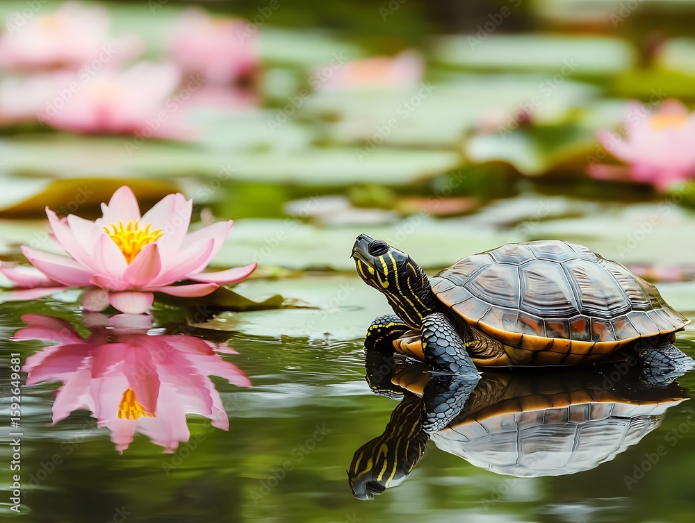 Fototapeta premium Serene Turtle in Pink Water Lily Pond