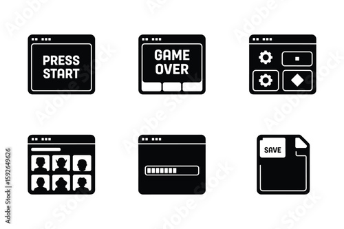 Game interface icons with text and graphics press start game over