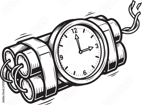 Cartoon depiction of a time bomb with dynamite sticks and a clock face.