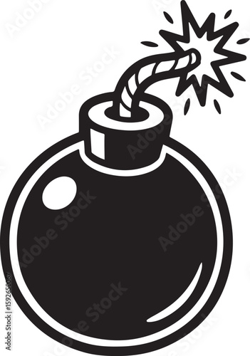 A black and white graphic of a stylized bomb with a fuse and explosion.