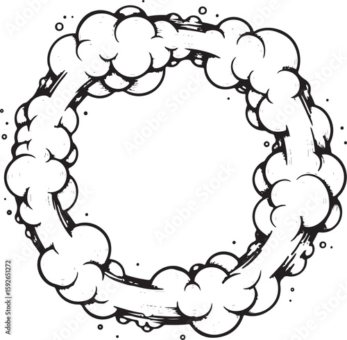 A stylized black and white illustration depicting a ring of smoke.