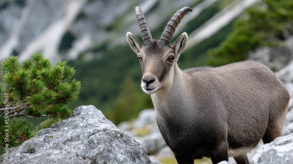 Ibex in alpine forest looking at the camera with long horns amidst lush greenery and a serene lake backdrop in natural light Ibex in alpine forest looking at the camera with long horns amidst lush greenery and a serene lake backdrop in natural light