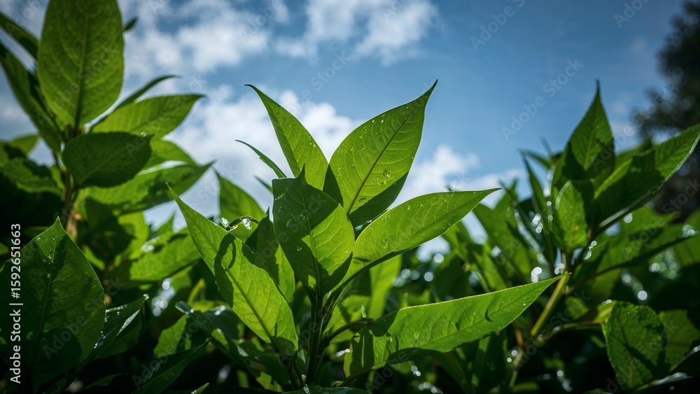 Lush green leaves against a partly cloudy sky. Lush green leaves against a partly cloudy sky.