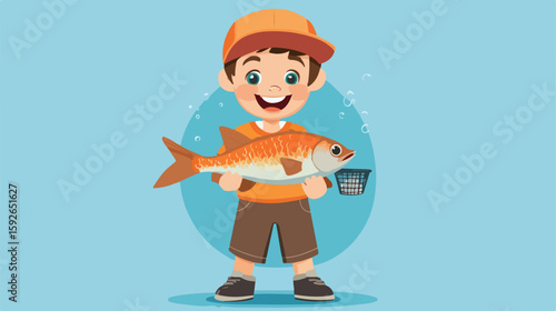 Joyful boy catching fish illustration