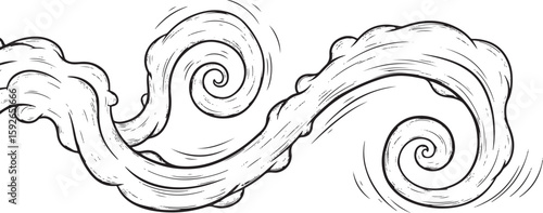 A stylized, swirling illustration depicts a flowing, cloud-like element with spiral details.