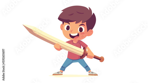 Joyful boy with wooden sword illustration