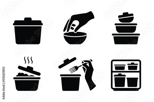 Black container icons showing food preparation and storage bowl fork