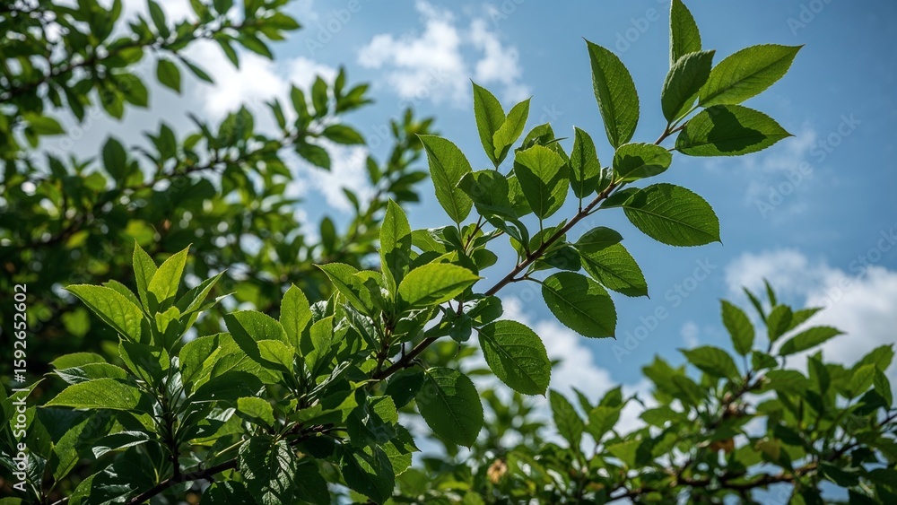 Lush green leaves against a partly cloudy sky. Lush green leaves against a partly cloudy sky.