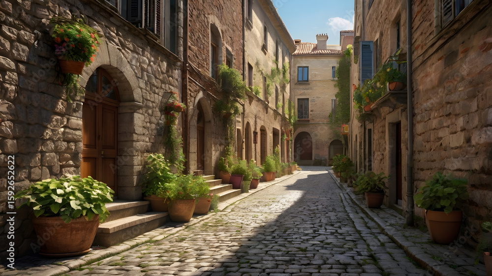 Fototapeta premium European stone alleyway exuding timeless charm and rich historical atmosphere. 