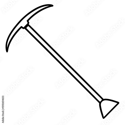 Detailed line art illustration of a garden hoe with a textured wooden handle isolated on white background