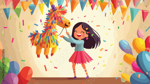 Joyful Girl at Piñata Party Illustration
