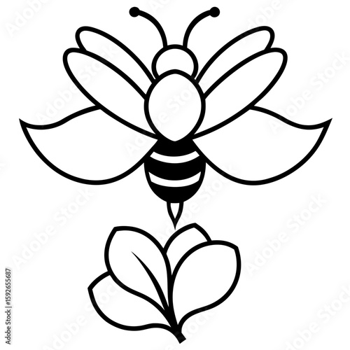 Elegant line art of a bee gracefully hovering over a delicate flower isolated on white background
