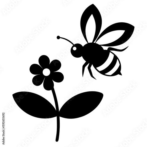 Silhouette of a bee hovering over a flower isolated on white background