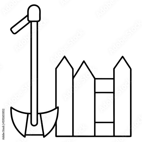 Simple line art illustration of a garden hoe leaning against a wooden post isolated on white background