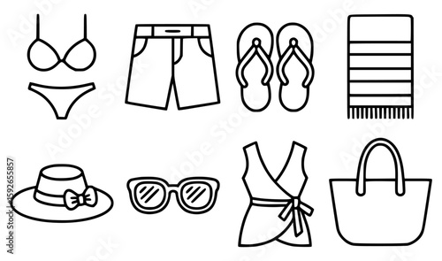 Beachwear accessories including bikini shorts flip flops hat sunglasses wrap dress and tote bag