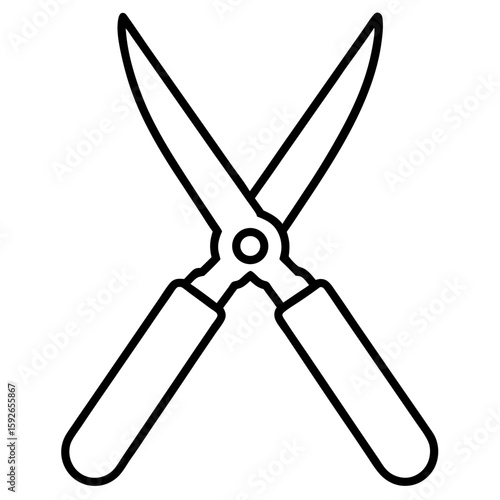 Detailed line art illustration of open pruning shears with sharp blades isolated on white background