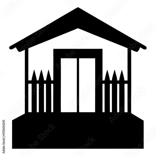 Simple black silhouette of a garden shed with a pitched roof isolated on white background