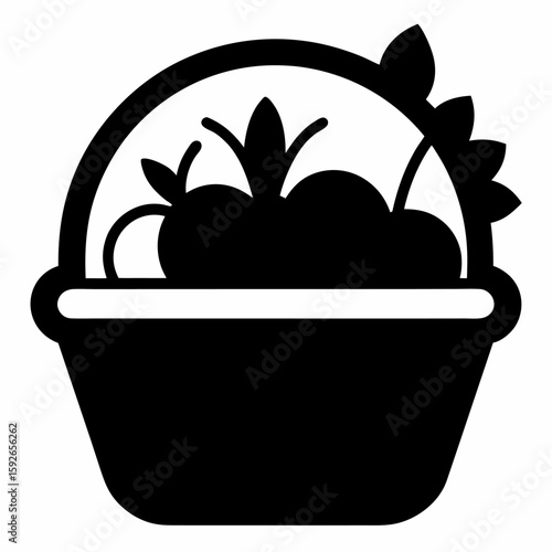 Simple black silhouette of a full vegetable basket isolated on white background