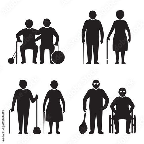 Silhouettes of Elderly and Disabled Persons, Walking Stick & Supportive Figures, Vector Art