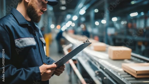 A young  man with a beard checks a clipboard in a warehouse. Packages are on a conveyor belt in the background. 