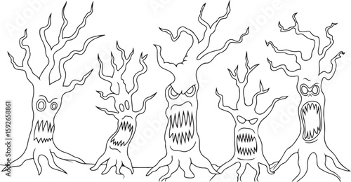 Menacing trees outline with angry faces in a Halloween design.