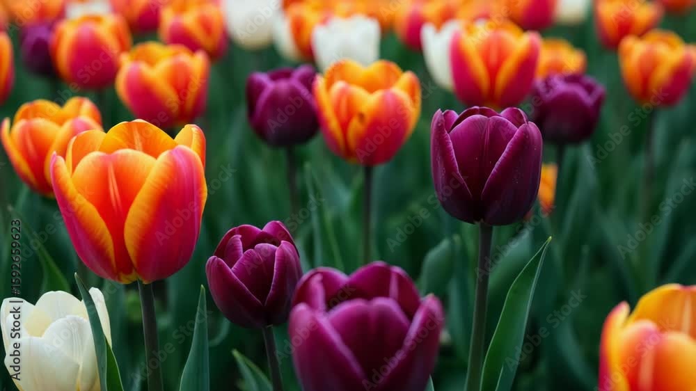 Close Up View of a Vibrant Tulip Field with Orange White and Purple Flowers in Full Bloom and Green Foliage with Natural Daylight Close Up View of a Vibrant Tulip Field with Orange White and Purple Flowers in Full Bloom and Green Foliage with Natural Daylight