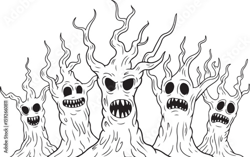 Menacing trees outline with angry faces in a Halloween design.