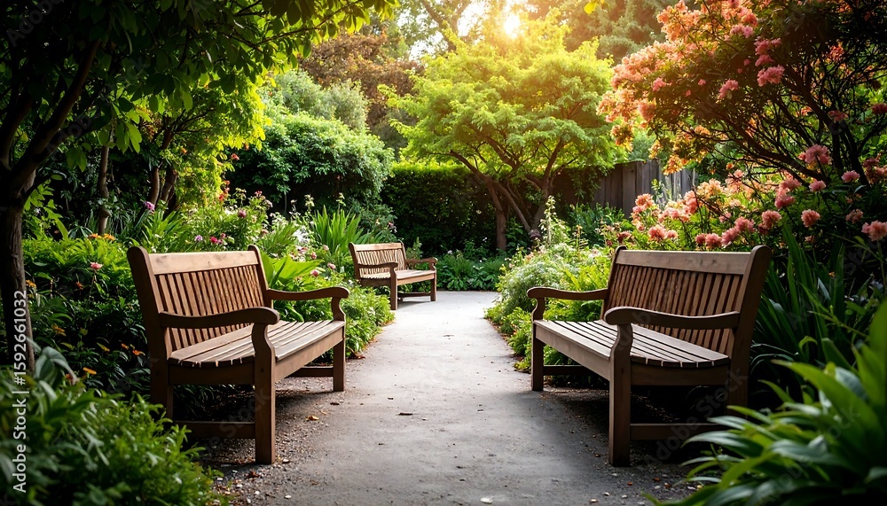 Obraz premium Sunlight-drenched garden path with benches