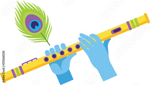 A yellow flute with purple accents held by blue hands next to a green peacock feather illustration
