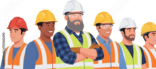 Illustration of construction workers wearing safety vests and hard hats standing together smiling