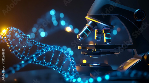 A sleek microscope analyzing glowing DNA strands, sci-fi blue light illuminating the scene.
