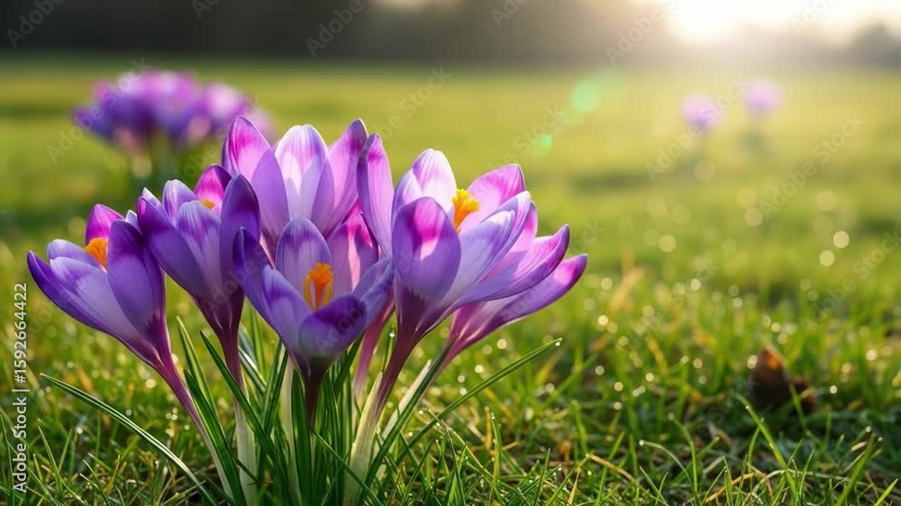 Springtime Crocus Blooming in Grassy Field at Sunrise captures the arrival of spring Springtime Crocus Blooming in Grassy Field at Sunrise captures the arrival of spring