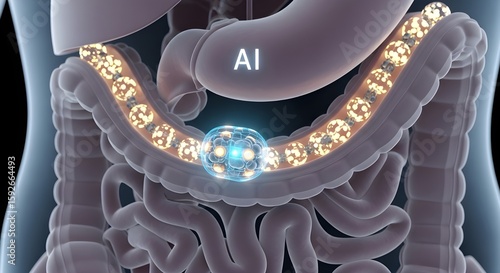 A glowing nanobot or micro-robot travels through the human digestive system, symbolizing advanced medical technology and targeted treatment for internal diseases