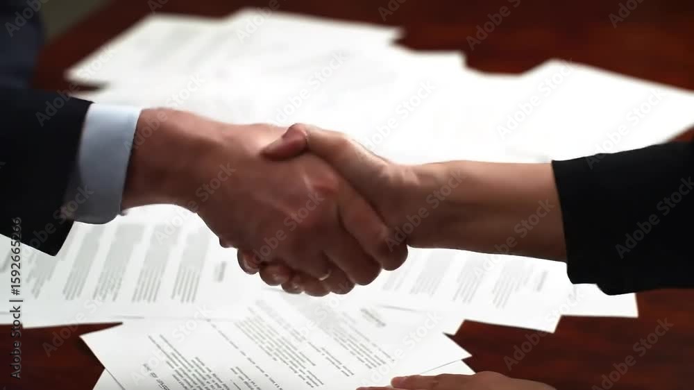 Hands shake over documents, symbolizing agreement. A deal is sealed, as two parties shake hands on a dark wood surface Hands shake over documents, symbolizing agreement. A deal is sealed, as two parties shake hands on a dark wood surface