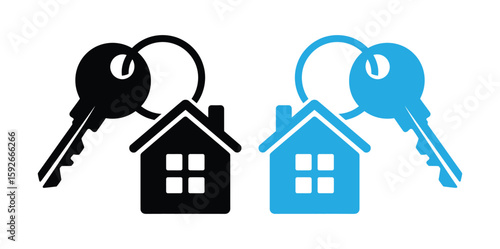 Fresh house keys with house shaped key chain offers a new beginning, vector property and real estate purchase icons.