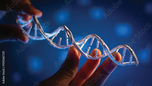 Fingers holding a white D N A double helix model against a blue bokeh background genetic