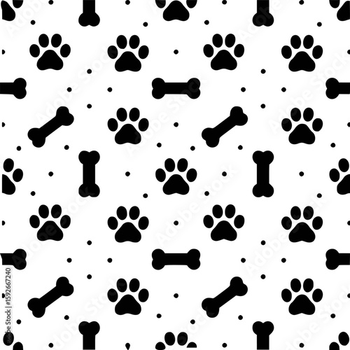 Black paw prints and dog bones on white background vector