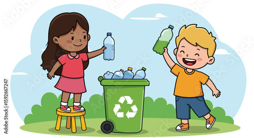 Children Recycling Plastic Bottles: Environmental Education and Conservation

