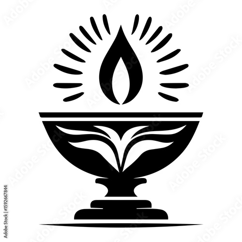 Elegant Black and White Ornate Chalice with Flame and Sunburst: Spiritual, Wellness, and Luxury Brand Logo Design.