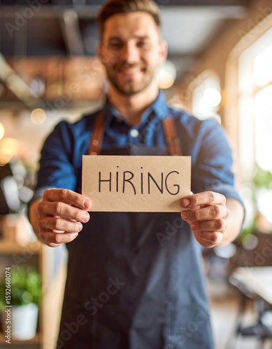 Job Employment Opportunity. Barista Holding Hiring Sign in Warm Coffee Shop Environment