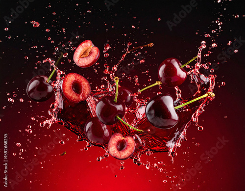 Cherrys & Cherry Slices Flying in a Fresh Explosion with Juice Drops Isolated on a background.