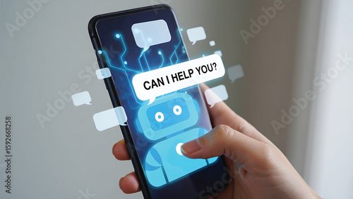 Hand holding smartphone displaying blue robot chatbot asking Can I help you mobile phone