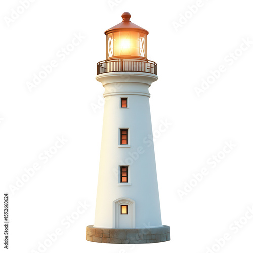 Illuminated White Lighthouse on Coast at Dusk with Calm Waters