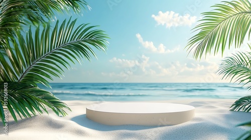 Fototapeta Naklejka Na Ścianę i Meble -  Tropical beach paradise with empty pedestal for product display under palm trees