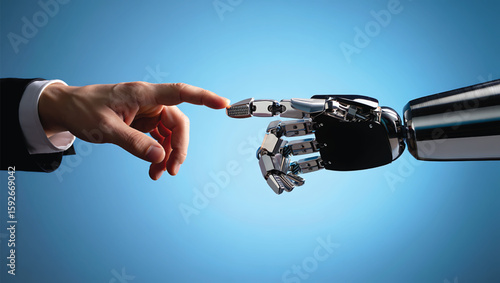 Human finger touching robotic hand on blue background human hand connection