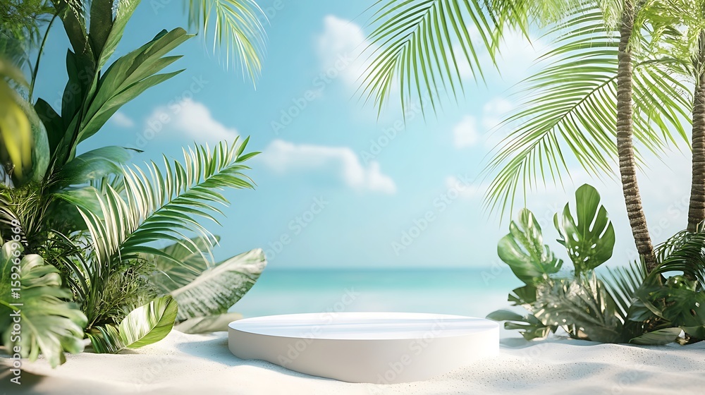 Obraz premium Tropical beach paradise with a white podium surrounded by lush green palm trees and vibrant foliage