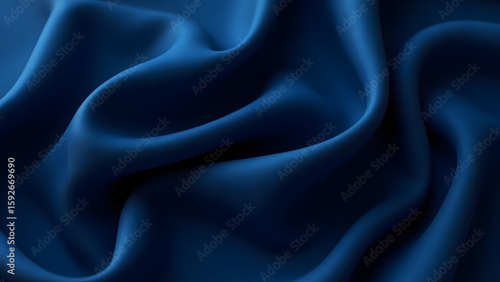 Fototapeta premium Luxe Azure Drapes: A close-up photograph showcases an undulating expanse of royal blue silk, the fabric's gentle folds and curves catching the light and evoking feelings of elegance and luxury.