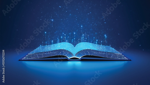 Open book with glowing blue digital lines and particles technology