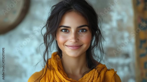 Young woman with long dark hair, wearing a yellow scarf, smiles softly against a textured background. 