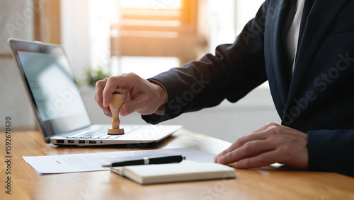 Person in dark suit stamping document next to laptop and notebook hand
